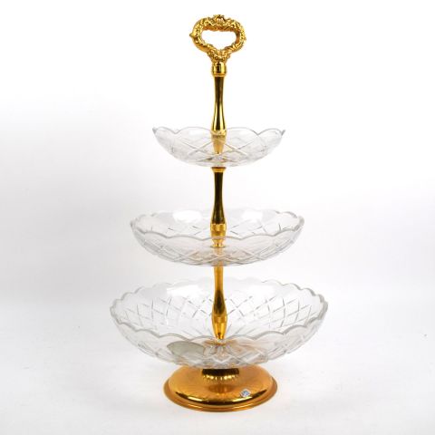 Serviteur en cristal taillé Val Saint Lambert, monture en plaqué or, signé