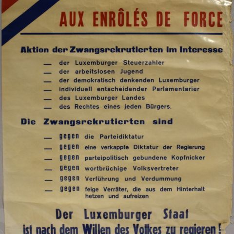 Affiche "Justice aux enrôlés de Force" des années 1970 - Imprimerie Hermann de Luxembourg-gare