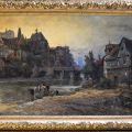 Hermann SCHNEE (1840-1926) Chevaux s'abrevant à l'entrée de la ville