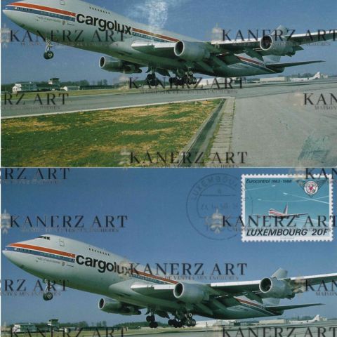 2 cartes postales CARGOLUX du décollage d'un Boeing à Luxembourg (1990)