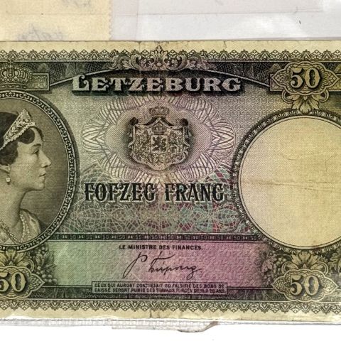 Billet de 50 Francs 1944, Grande-Duchesse Charlotte, état d'usage, collection rare