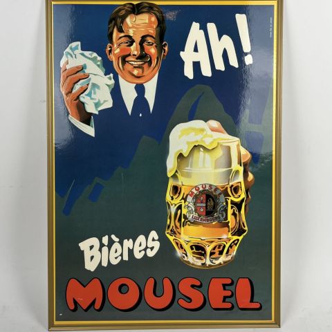 Affiche publicitaire Mousel, lithographie 70s en bel état avec légère griffure