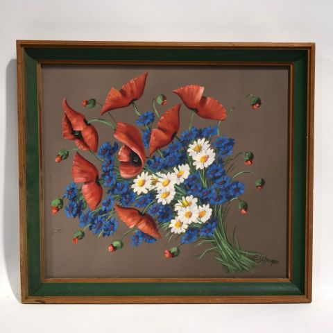 Paire de Bouquets de fleurs patriotiques d'Eugène Schergen en huile sur isorel