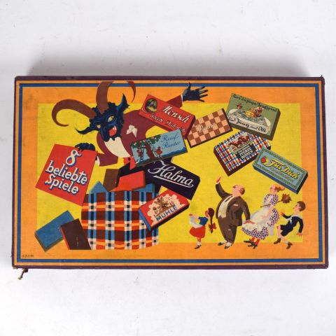 Coffret multi jeux allemand vintage des années 1930 avec 8 jeux populaires