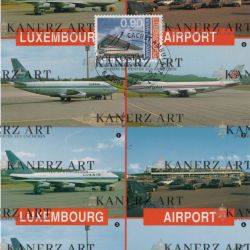 Set of 3 Luxembourg airport postcards, 1980s, with postmark and stamp