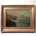 Rocky Coast and Sailboats: Oil on panel from the 20th-century French School