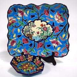 Tray and small dish in glazed earthenware