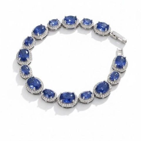 Bracelet en argent 925/1000 avec cabochons de tanzanites, poids de 18.3 g