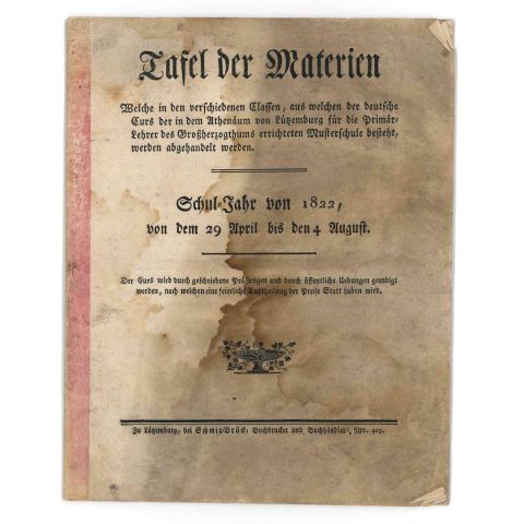 Brochure de 1822 sur l'éducation à l'Athénée de Luxembourg, 28 pages