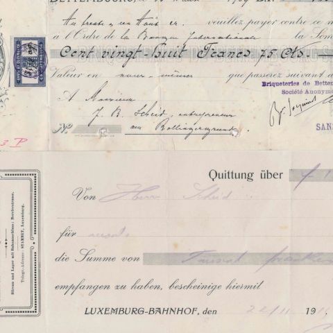 Lot de 2 quittances de commerces de Bettembourg et Luxembourg-gare (1909-1914)