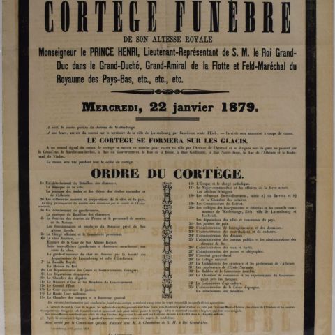 Affiche rare : Programme du Cortège funèbre du Prince Henri, janvier 1879