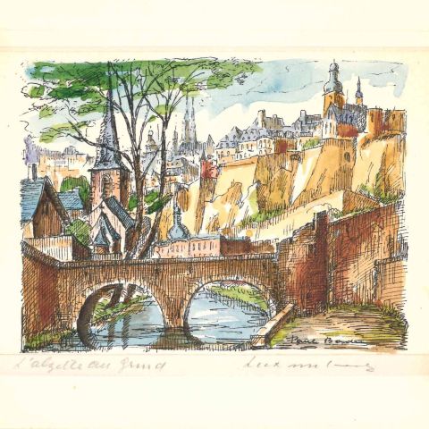 Aquarelle signée de Paul Badu : "L'Alzette au Grund" (1911-1981), format 14,5 x 19 cm