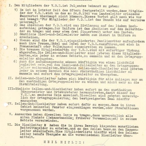Instruction de la Volksdeutsche Bewegung : Interdiction de la danse à Redingen