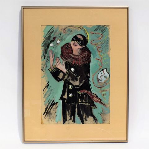 "Personnage masqué de la Commedia del Arte, aquarelle signée (43x30 cm)"