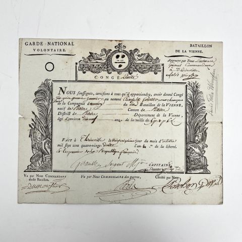Congé militaire de 1792 signé par le baron de Wimpffen, Bataillon de la Vienne