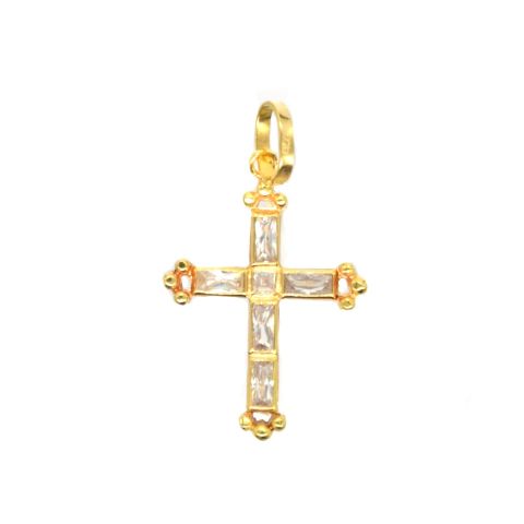 Pendentif en croix en or jaune 18K avec pierres transparentes, élégant et léger