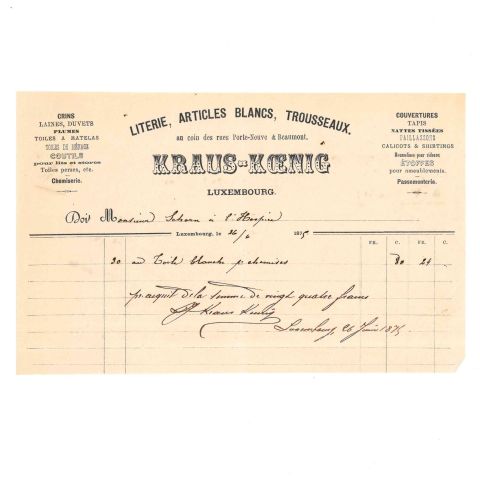 Facture d'articles de literie de M. Kraus-Koenig, Rue de la Porte-Neuve 1875
