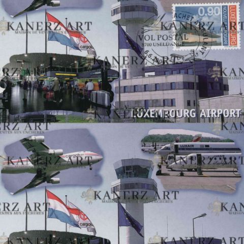 "Lot de 3 cartes postales Luxembourg Airport avec cachet postal et timbre"