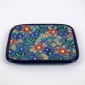 Plateau vide poche Longwy en émaux, fleurs polychromes sur fond bleu, 15x19 cm