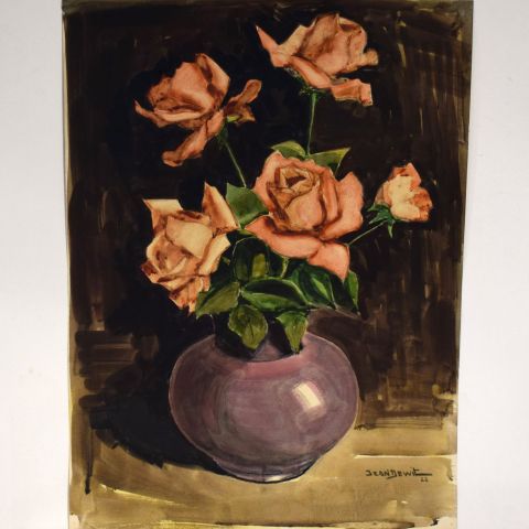 "Bouquet de roses dans un vase" par Jean Dewit : Gouache datée et signée