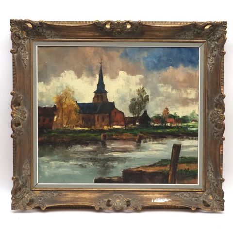 Vue de village avec clocher, huile sur toile, signée, 60 x 70 cm