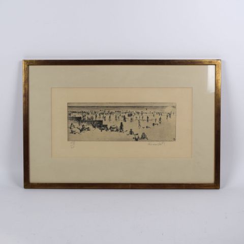 Gravure signée de Claude Weisbuch : "La plage" (17/25), 20 x 40 cm