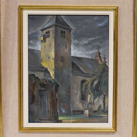 Tableau "Église fortifiée" de Lé Tanson, huile sur panneau, signée