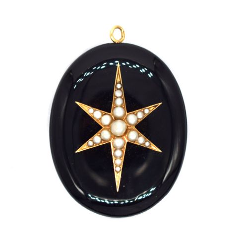 Pendentif porte-photo en onyx avec étoile dorée et perles élégantes