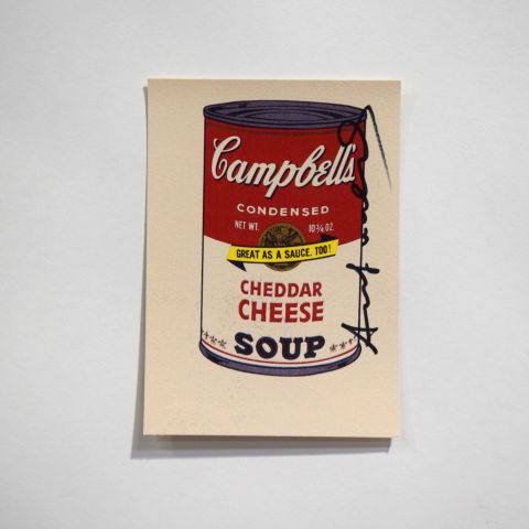 Carte postale Campbell's Cheddar Cheese Soup signée, d'après A. Warhol, 14 x 9 cm