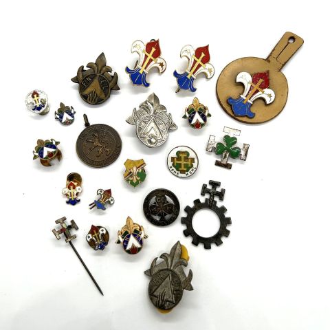 Ensemble de 22 insignes des Scouts en divers métaux émaillés