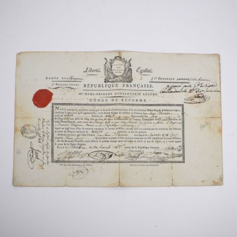 Congé de réforme militaire signé par le Général Hardy, 18ème demi-brigade