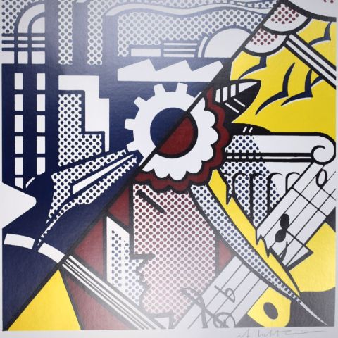 Impression colorée de Roy Lichtenstein, Industry and the Arts II, signée