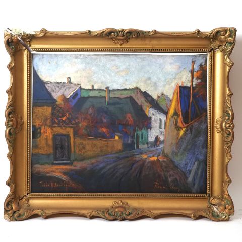 Pastel de Géza Ronai : Rue animée à Tàban, signé, 39 x 49 cm