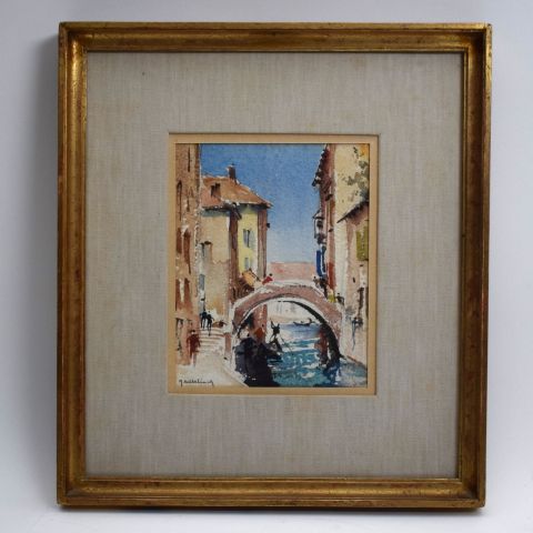 Aquarelle "Canal à Venise" de Roger Hebbelinck, signée, 16.5 x 13 cm