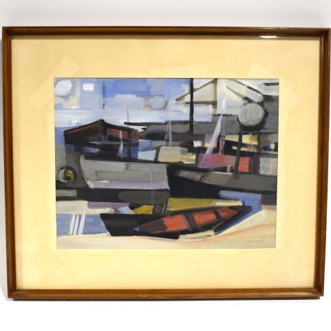 Italo Calvari (1905-1972) : Gouache Abstraction Maritime, Signée, 29 x 37 cm