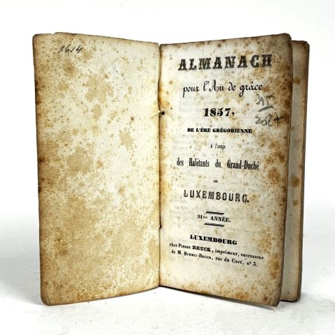 Rare almanach luxembourgeois de 1857, reliure dominoté, édition Pierre Bruck