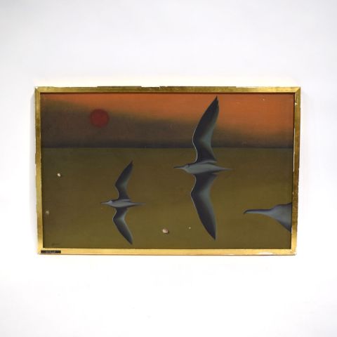 "Les 3 mouettes" - Huile sur toile signée par Yves BILLET (École belge surréaliste)