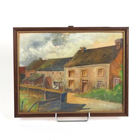 Aquarelle signée de E. Margue : Ferme luxembourgeoise, datée 1953, 23 x 30 cm