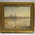Peinture de l'école du XXe : vue de port, huile sur toile