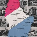 Carte postale vintage des années 50 : drapeau et carte colorée du pays