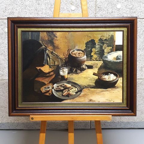 Tableau signé et daté de Michelitti Italico, huile sur toile, reliefs de repas
