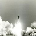 NASA. Discovery and an international team of seven astronauts lift off from launch pad 39A on June 17, 1985