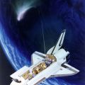 Künstlerische Darstellung des Space Shuttle mit Labor in der Erdumlaufbahn