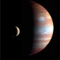 Photographic montage of Jupiter and Io: Tvarshtar volcanic eruption, 2007