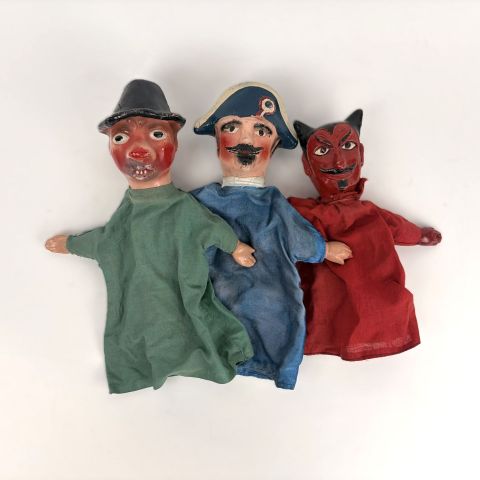 Lot de 3 marionnettes vintage : garde champêtre, diable et pochard, bon état