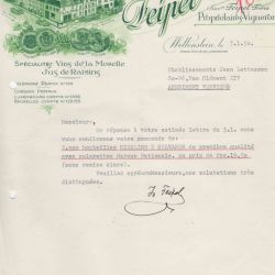 Facture de la Maison FEIPEL-STAAR pour 2.000 bouteilles de Riesling, 1950