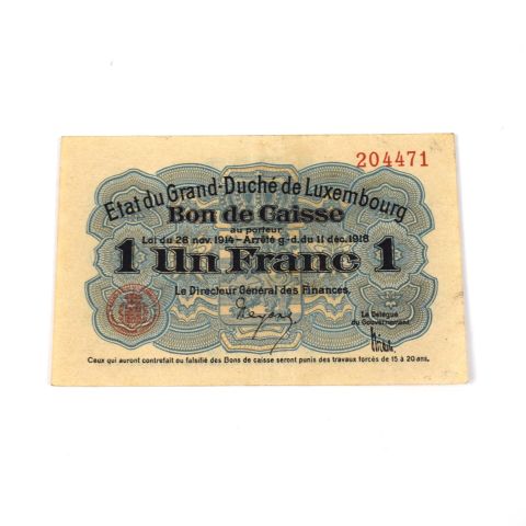 Billet luxembourgeois 1 Franc 1919, signé Hamelius, état neuf, bilingue