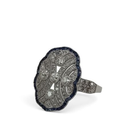 Bague Art Déco en or blanc 750, diamants et saphirs, certificat IGS