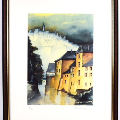 Sérigraphie signée de Jean Freimann : Vue vers l'église Saint-Michel