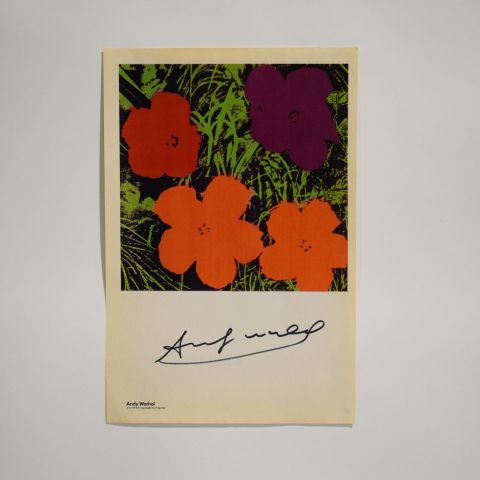 Impression signée d'A. Warhol : Fleurs en violet, rouge et orange, 33 x 22 cm